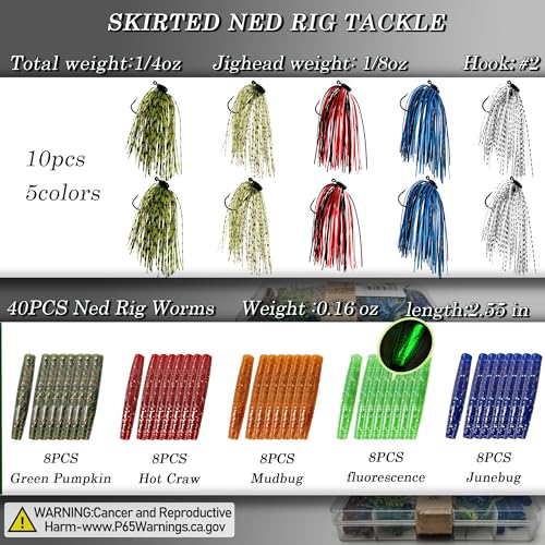 Ned Rig Jig Heads Soft Plastic Worms Fishing Lures Kit, 60/50/10 Pcs Weedless Skirted Mushroom Ned Rigs Jighead Hooks Stick Baits Bass Fishing Lures for Freshwater Saltwater - color: 50 Pcs Ned Lures