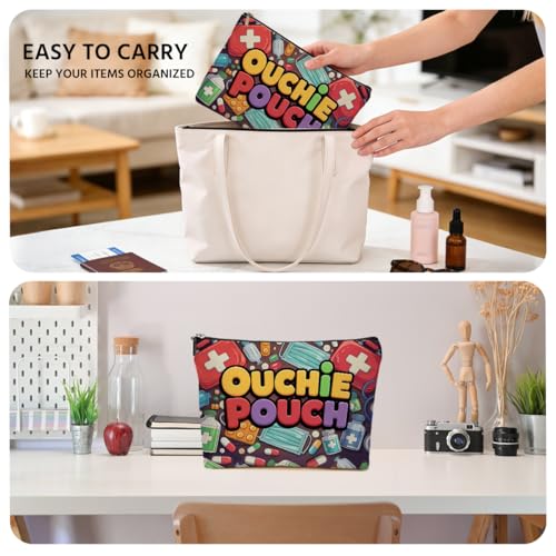 JIUWEIHU Funny Ouchie Pouch Makeup Bag, Funny Medical First Aid Cosmetic Bags Travel Organizer Bag Zipper Pouch, Birthday Christmas Nurse Gifts for Healthcare Workers Women Friend Colleague - color: Multicolor 0077