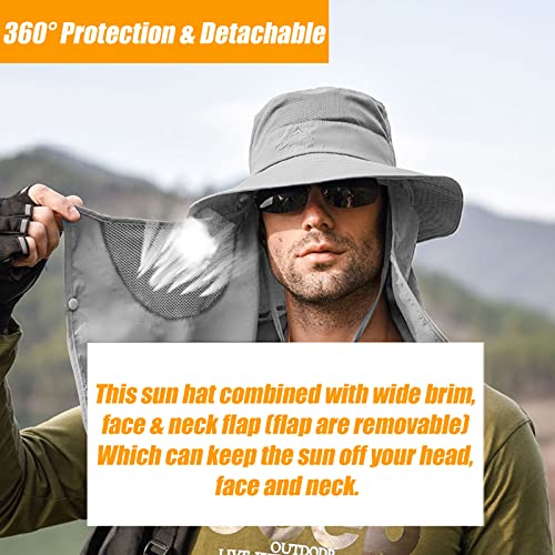 Fishing Hat for Men & Women, Outdoor UV Sun Protection Wide Brim Hat with Face Cover & Neck Flap - color: Grey