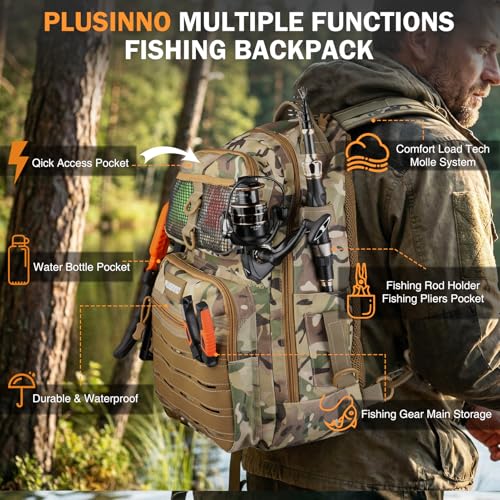 PLUSINNO Fishing Gear Fishing Backpack with Tackle Box, Waterproof tackle Backpack with Rod Holders, Lures, Tools, Pliers & Accessories, Fish Gifts for Men - color: Khaki Fishing Backpack With Fishing Kit