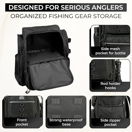 Fishing Backpack with Rod Holders and 4 Tackle Boxes, Waterproof Large Tackle Bag with 6 Pockets, Adjustable Dividers, Reinforced Base, Back Pack with Storage Boxes for Fishing Gear