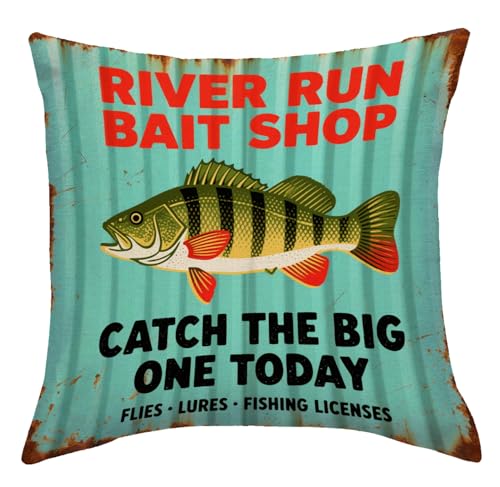 Rustic Fishing Throw Cushion Case 18x18 Inch Catch The Big One Today Bass Pillow Cover for Lake House Cabin Man Cave Couch Sofa Outdoor Funny Fishing Decor Pillowcase(Green) - color: Green