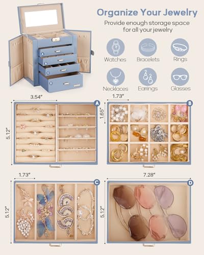 Homde Synthetic Leather Huge Jewelry Box Mirrored Watch Organizer Necklace Ring Earring Storage Lockable Gift Case (Grey Blue + Gold) - color: Grey Blue + Gold