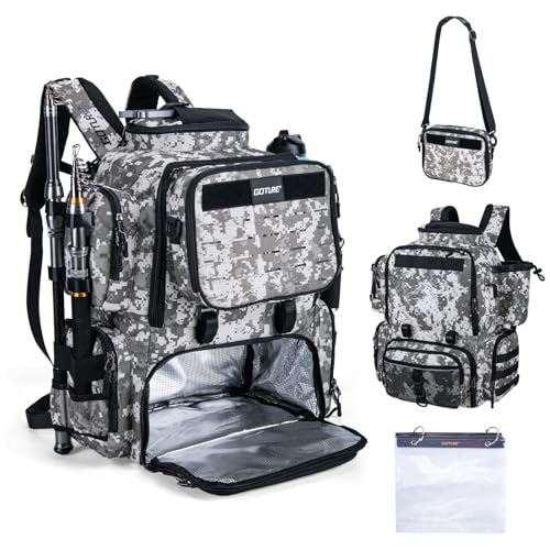Goture Fishing Backpack, 58L 900D Water-Resistant Insulated Tackle Backpack with Cooler, Rod Holders, 8 Lure Pockets, Detachable Crossbody Bag, Gear Storage Large Fishing Bag for Camping Hiking - color: Digital Camo