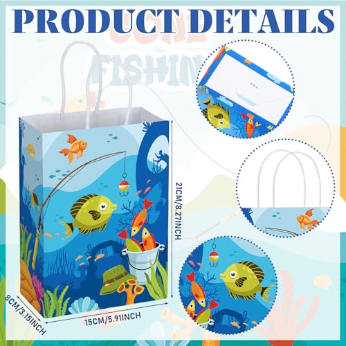 Kosiz 24 pcs Gone Fishing Party Favors Bags Little Fisherman Gift 1st Birthday Goodie Paper Bags Fish Animal Candy Treat Pouch with Handles for Summer Fishing Party Decorations Supplies - style: Fishing