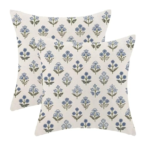 AEIOAE Vintage Floral Pillow Covers 16 x 16 Inch Set of 2 Blue Green Block Print Decorative Throw Pillow Covers Boho Rustic Farmhouse Gift Cushion Case for Home Sofa Outdoor Decor - color: Floral2, size: 16" x 16" (Pack of 1)