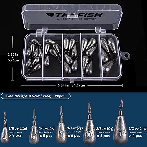 THKFISH Fishing Weights Sinkers Set, 28PCS Fishing Sinker Drop Shot Weights Kit,Drop Shot Rig Wacky Hooks for Saltwater Freshwater Bass Fishing - size: B-28pcs-Waterdrop Shape