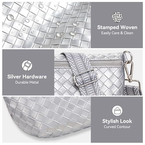 KALIDI Woven Crossbody Bags for Women Travel Vegan Leather Fanny Packs for Woman Men Cross Body Purse Fashion Belt Bum Bag - color: Silver