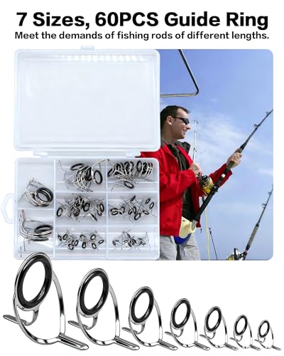 IZTOSS Fishing Rod Tip Repair Kit Fishing Rod Guides Replacement Kit Black Stainless Steel, Wear Resistant Ceramic Ring for Saltwater & Freshwater Fishing Rod 60/90Pcs - color: 60PCS