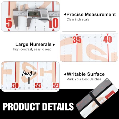 Booms Fishing 59" Fish Ruler: Foldable Fishing Ruler - Waterproof Fish Measuring Tape with Bump Board - Saltwater Fishing Measuring Tool for Angler, RL4 Red - color: Red with white