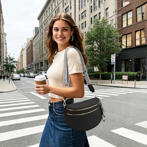 oscaurt Leather Crossbody Bag Bum Bag for Women Large Sling Bag Cross Body Purse Shoulder Handbag Fanny Pack - color: Black-1, size: Large
