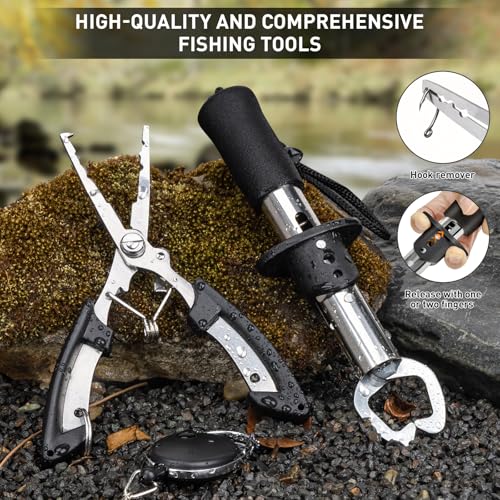 THKFISH Fishing Backpack with Rod Holder, Fishing Tool Kit, Water-Resistant Bag With Fishing Lures Kit, Fishing Tackle Box and Pliers Set for Men Women (Black-87pcs) - color: Black-87pcs