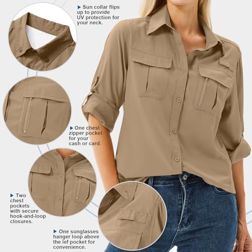 Women's UPF 50 Long Sleeve Sun Protection Shirts Safari Fishing Hiking - color: Gravel Brown, size: X-Small