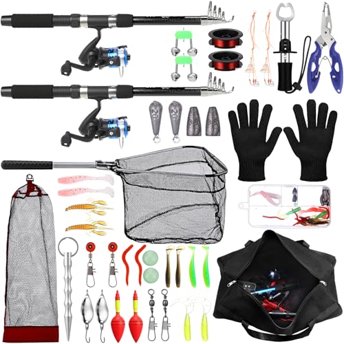 MiniInflat Telescopic Fishing Rod and Reel Combo, 6.89ft 2pcs Collapsible Rod with Plier Lip Gripper Lures Carrier Bag Pre-Loaded Spinning Reel Saltwater Freshwater Fishing Pole Kit - color: Black