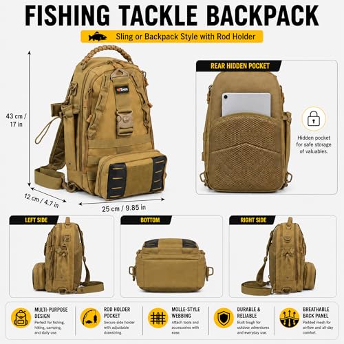 Tovra Fishing Tackle Backpack with Rod Holder & Removable Storage Pouch – Waterproof Sling Bag, Fits Up to 3 3700 Tackle Boxes, MOLLE Fishing Backpack for Rods, Pliers, Water Bottle & Outdoor Gear