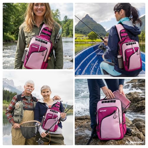 Goture Pink Fishing Tackle Bag, 1680D Water-Resistant Sling Fishing Backpack with Rod Holder, Anti-Slip Waist Strap, Trays not included, Fishing Gifts for Women Girls - color: Pink, style: 1680d Double-strand Pu Backpack (Trays Not Included)