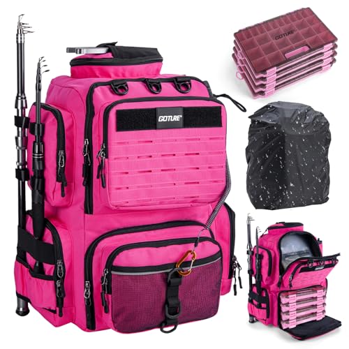 Goture Fishing Backpack with 4 Tackle Boxes,900D Water-Resistant Tackle Backpack with Rod Holders,45L Large Fishing Bag Storage Gear Tackle Bag with Rain Cover,Bottle Holder for Travel Camping Hiking - color: B3:pink With 4 Tackle Boxes