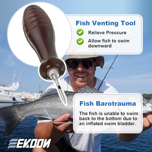 Feekoon Fish Venting Tool, Venting Kit for Deep Sea Fishes with Stainless Steel Needle, Fishing Tackle for Saltwater Fishing Fish Release and Return (Patented) - color: Dark Brown Handle