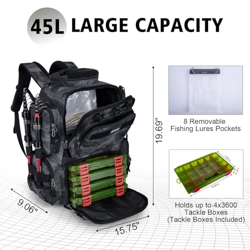 Goture Fishing Backpack with 4 Tackle Boxes,900D Water-Resistant Tackle Backpack with Rod Holders,SBS Zippers,45L Large Tackle Storage Gear Bag with Rain Cover,Bottle Holder for Travel Camping Hiking - color: A1:28# Camo, size: Include 4 Tackle Boxes