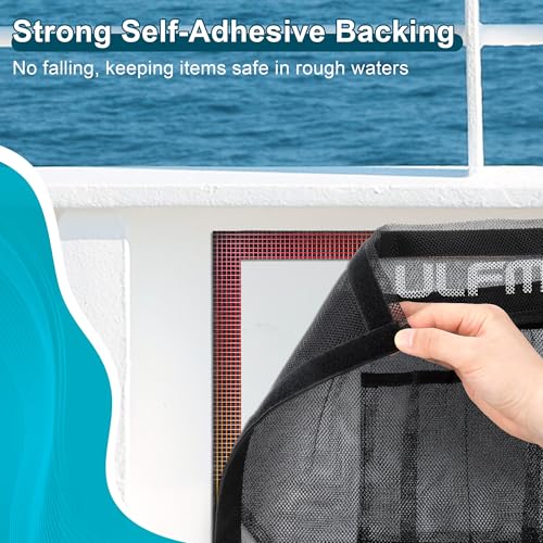 14" X 9.8" Boat Storage Bag with Secure Lid and 2 Open Pockets, Boat Storage Accessories Mesh Organizer with Strong Adhesive, Perfect for Storing Phones, Glasses, Keys and Tackle Marine Accessories