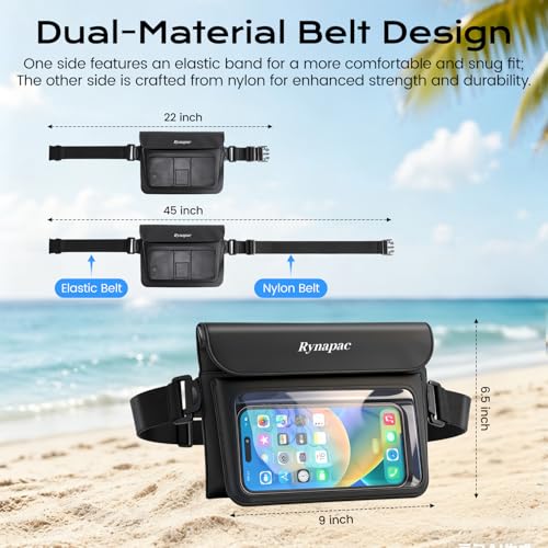 2 Pack Waterproof Fanny Pack for Woman Man, IPX8 Swimming Dry Belt Bag, Passport Wallet Phone Pouch Double Space, Elastic Waistband, Beach Cruise Vacation Essentials - color: Black+Green