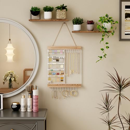 Feyejade Hanging Jewelry Organizer and Storage, 5-Tier White Earring Necklace Holder Jewelry Display Organizer Stand Rack, Wall Mounted for Earrings Necklaces Bracelets and Rings, White - color: White, size: Standard
