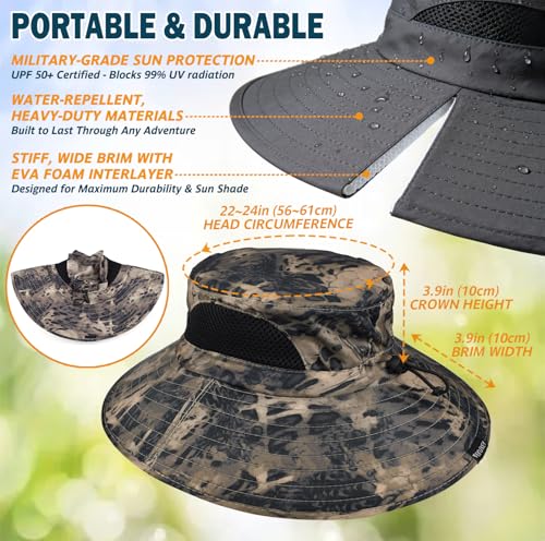 Wide Brim Sun Bucket Hat, Waterproof Boonie Hat for Men & Women | UPF 50+ UV Protection, Adjustable Fit, Chin Strap & Sweatband, Foldable Durable for Fishing Hiking Garden Beach - color: 05 Khaki (Camo)
