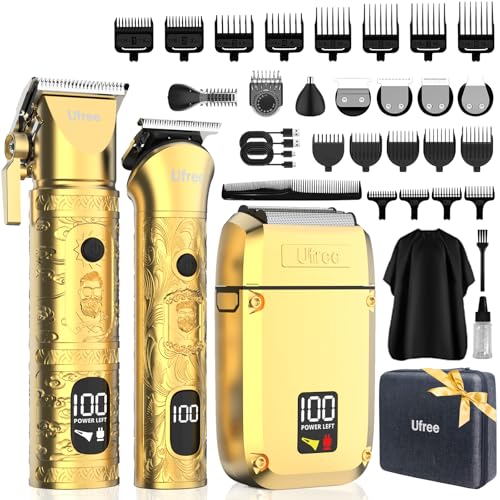 Ufree 8 in 1 Professional Hair Cutting Kit, Hair Clippers for Men, Cordless Clippers and Trimmers Set, Beard Trimmer, Electric Shaver with Rechargeable, Grooming Gifts for Barber & Home Use - color: Golden
