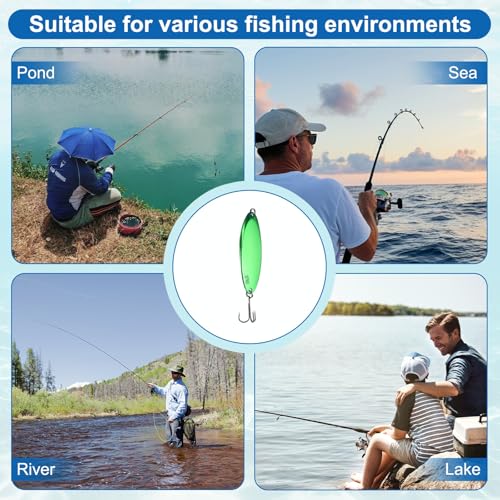 Fishing Spoons Lures, Metal Saltwater Treble Trout Lures Jigging Spoon with Treble Hooks Casting Spinner Baits - color: Green, size: 21g / 3/4 oz