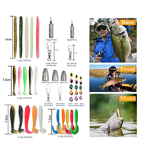 Fishing Lures Soft Bionic Bait 93PCS Set with Paddle Tail Swimbaits Worms Fishing Swivels & Snaps Weights Beads for Bass Fishing