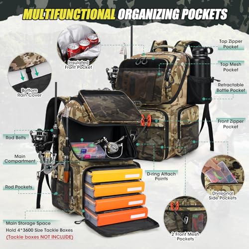 RAINSMORE 45L Fishing Backpack with Rod Holders & Rain Cover Large 900D Water-resistant Fishing Tackle Bag Store Fishing Gear - color: Khaki Camouflage