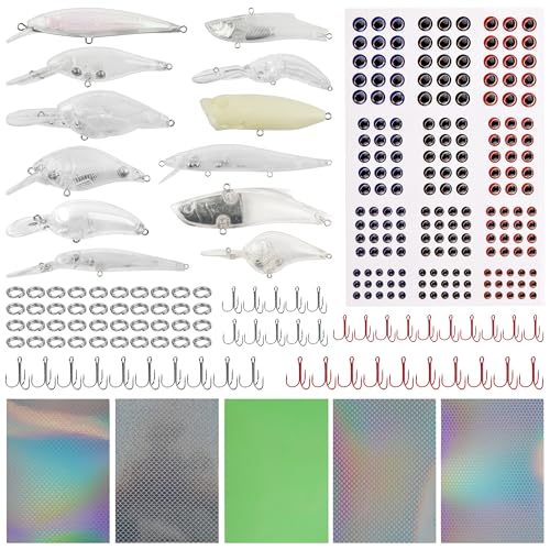 Unpainted Fishing Lures DIY Minnow Kit - 280/363pcs Blank Hard Crankbait Set Pliers Scissors,Treble Hooks,Split Rings,Stickers,3D Eyes for Making Lures DIY Fishing Tackle Kit - color: 280pcs kit