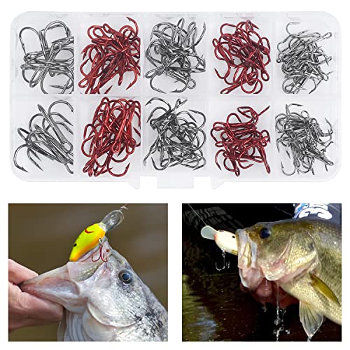 Fishing Treble Hooks Kit, Sharp Replacement Treble Hooks for Lures Baits, High Carbon Steel Fishing Hooks with Stainless Steel Split Rings Set for Bass Trout Walleye Pike - color: Red+Black_100pcs