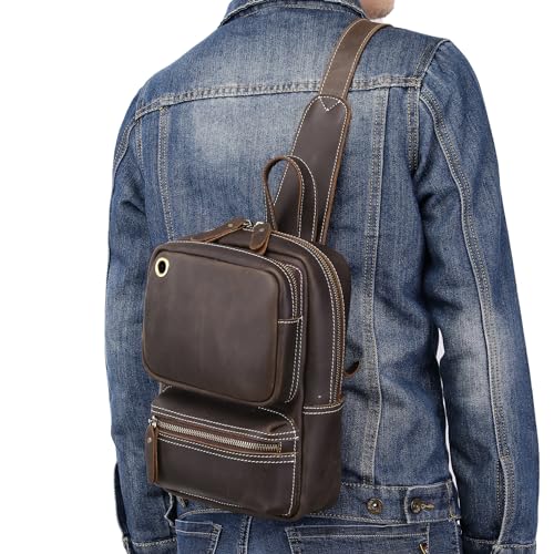 Genuine Leather Sling Bag for Men Women Shoulder Backpack Satchel Crossbody Chest Casual Outdoor Daypack - color: #05deep Brown