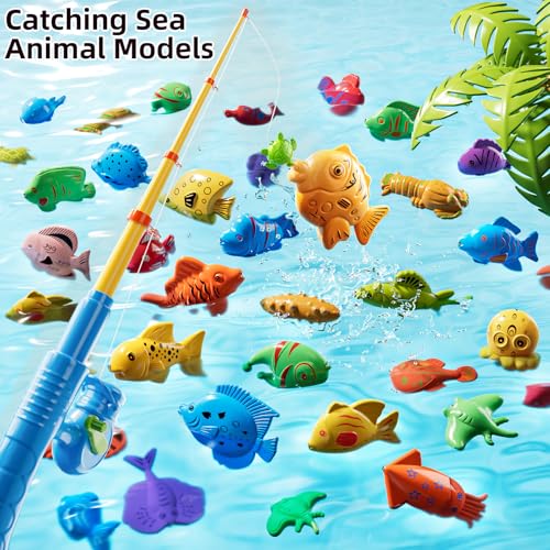 TEMI Magnet Fishing Game for Kids 4-8, Fish Toys for Kids 3-5, Bathtub Floating Fishing Pole, Water Table Pool with Rod Net, Summer Water Play Indoor and Outdoor, Gifts for Holiday for Boy and Girls - size: Round Pool