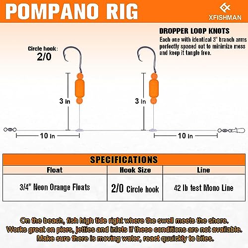 Pompano-Rigs-for-Surf-Fishing-Saltwater-Gear with Double Circle & Wide Gap Hook-6-Pack Surf Fishing Tackle - color: Neon Orange 6-Pack, size: 2/0 Circle Hook