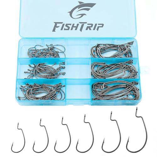 50/100/120pcs EWG Fishing Hooks, Bass Fishing Hooks Offset Worm Hook Texas Rig Hooks Live Bait Fishing Hooks for Freshwater Saltwater Size 4 2 1 1/0 2/0 3/0 4/0 5/0 - color: Black, size: Mixed Set_120pcs