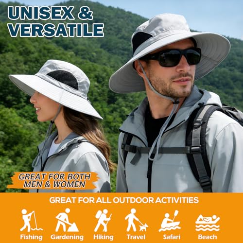 Wide Brim Sun Bucket Hat, Waterproof Boonie Hat for Men & Women | UPF 50+ UV Protection, Adjustable Fit, Chin Strap & Sweatband, Foldable Durable for Fishing Hiking Garden Beach - color: 01 Light Grey