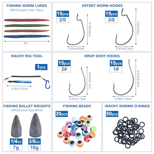 Goture Wacky Worm Fishing Lure Kit with Soft Plastics, Wacky Rig Tools, O-Rings, Worm & Drop Shot Hooks, Beads, Weights & Tackle Box - color: F:208pcs-(5" Soft Worm)&Tackle Box