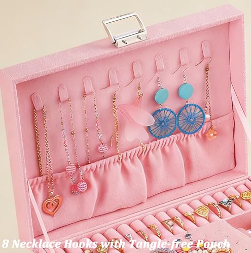 QBestry 3-Layer Jewelry Box for Girls & Teens with Lock and Key, Large Jewelry Organizer with 8 Necklace Hooks & 56 Earring Holes, Pink Velvet Jewelry Storage Box for Necklaces Earrings Rings Bracelet - color: Pink