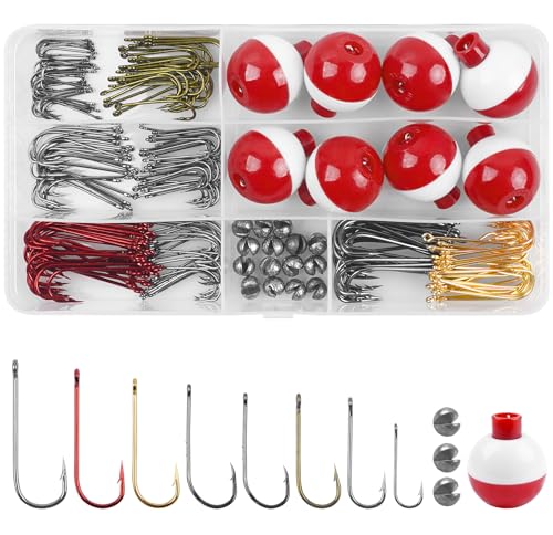 215pcs Fishing Bobbers Hooks and Sinkers, Beginners Fishing Tackle Kit | Basic Handy Fishing Tackle Box Kit for Artificial and Live Baits, Trout Panfish