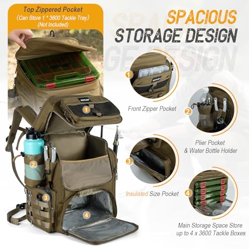 Goture Fishing Backpack with 4 Tackle Boxes, 900D Water-Resistant Tackle Backpack with Rod Holders,Insulated Cooler Compartment, 55L Large Capacity Fishing Gear Storage Bag for Saltwater & Freshwater - color: A3:khaki(4 Tackle Boxes Included)