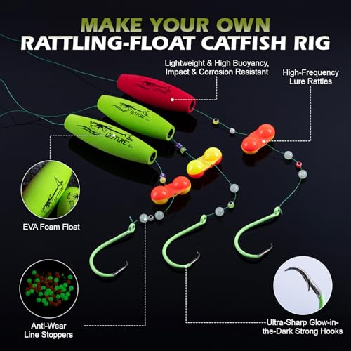 Goture Catfish Rig Making Kit,274pcs/300pcs Catfishing Tackle with Luminous Fishing Hook Swivel Sinker Weights Rattle Float Bobber Stoppers,Catfish Rigs Accessories with 3600 Tackle Box,Gifts for Men - color: C1:153pcs Catfishing Tackle