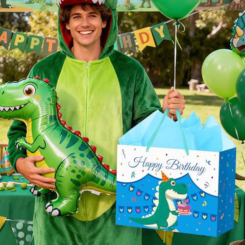 Hooqict Large Dinosaur Gift Bag with Handles, Tissue Paper and Greeting Card Blue Dinosaur Happy Birthday Party Bag for Boys Kids Goodie Treat Candy Party Favors - color: Dinosaur