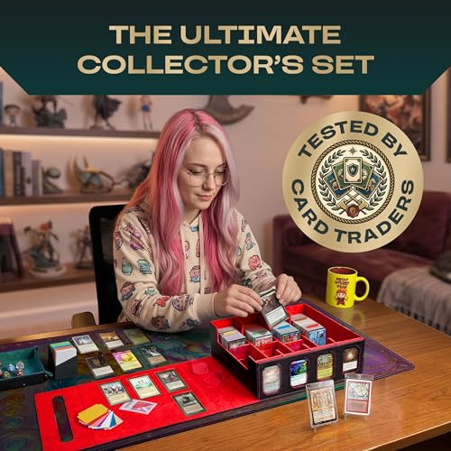 4-Row Mtg Trading Card Storage Box With Display Windows - Magnifier Ruler, 2 Display Stands, 6 Cardholders - 3000+ Card Case With Magnetic Closure, Sports TCG Card Organizer - Red Card Boxes - color: Black, Red (4 Row)