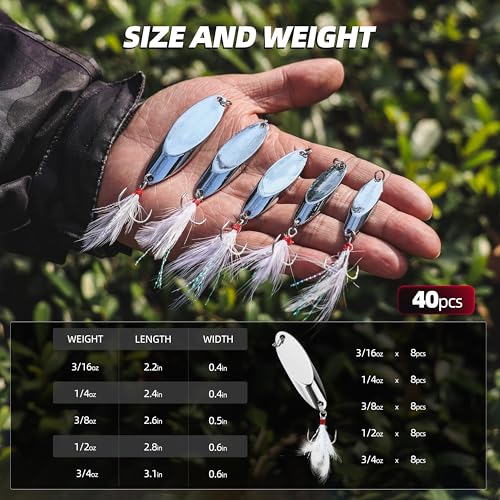 Jigging Spoon Fishing Lures 20/40PCS Kit – Metal Casting Spoon Lure Set with Treble Hooks, Mixed Sizes Spinner Baits for Saltwater & Freshwater Trout, Salmon, Bass - color: Silver, size: Mixed Size 40PCS