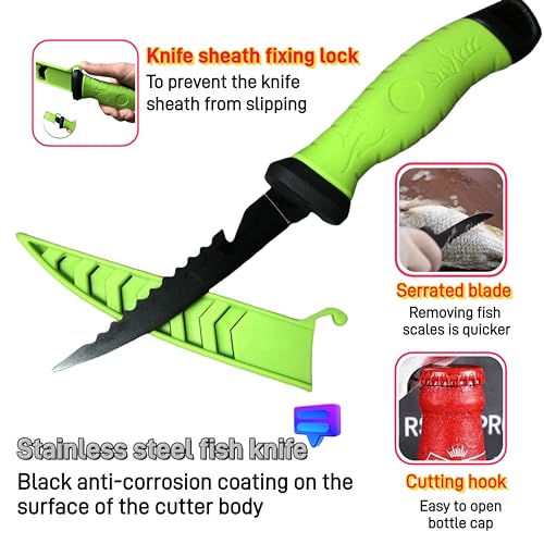 2PCS Fillet Knife Set, 5 & 7 inch Stainless Steel Kitchen Filet Knife for Fish, Fishing Gear, Fishing Tool Set, Fishing Accessories Gift, with Sharpener and Cutting Resistant Gloves, Green - color: 2PCS-Green