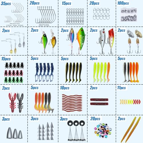 329PCS Fishing Lures Kit Bass Fishing Tackle Box with Tackle Included Fishing Gear Accessories Set with Soft Lure, Pliers, Hooks, Spoons, Jigs, Swivels, Frog, Weights Freshwater&Saltwater Gift Choice