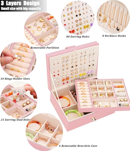 QBestry Girls Jewelry Box Earring Holder Organizer for Girls Earring Organizer Teen Jewelry Box Organizer for Girl Pink jewelry Boxes for Earrings Necklaces Rings Stud Earrings Box Organizers Teens - color: Pink, size: Medium