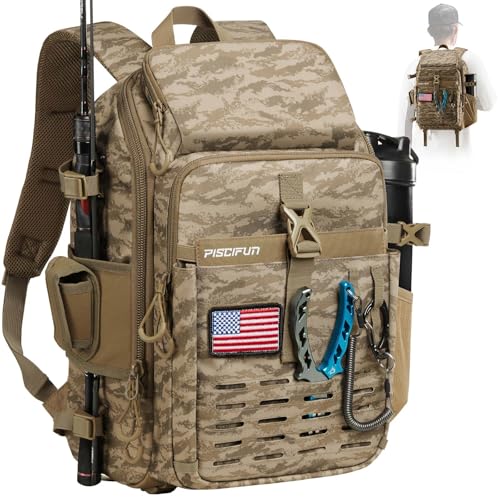 Piscifun Fishing Tackle Backpack with Rod & Gear Holder, Lightweight Outdoor Water-Resistant Fishing Shoulder Storage Bag with Protective Rain Cover, Khaki Camouflage - color: Khaki Camouflage, size: Large